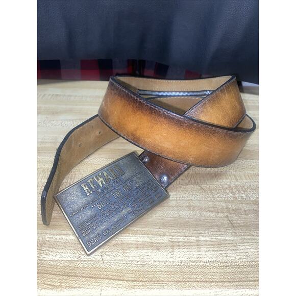 Brass Buckle Reward Billy The Kid Dead or Alive Leather Belt Hidden Zipper Sz 34 - Picture 1 of 5